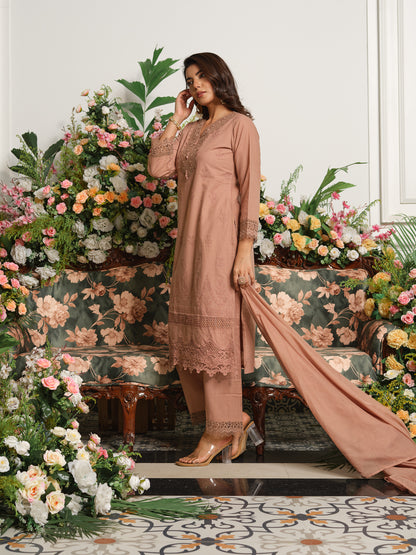 Brown Embroidered Cotton Blend V-Neck Kurta Set with Dupatta