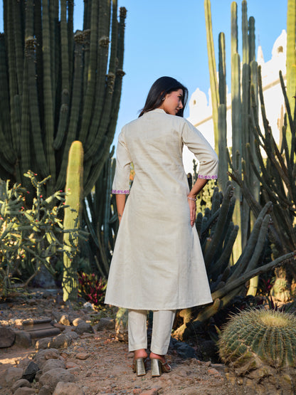 Embroidered Pure Cotton Mandarin Collar A-Line Kurta & Trousers