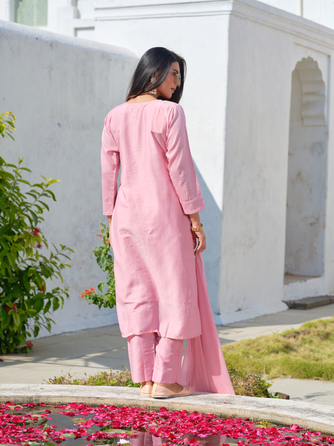 Pink Chinon Crochet Embroidered Kurta with Trousers & Nazeen Dupatta