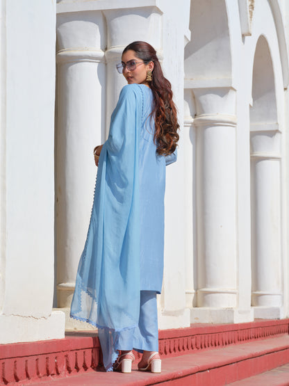 Powder Blue Chinon Crochet Embroidered Kurta with Trousers & Nazeen Dupatta
