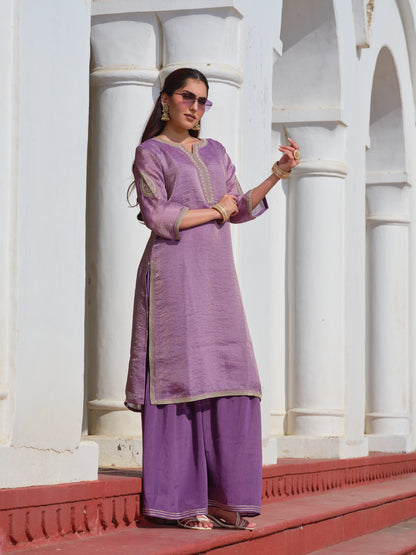 Lavender Art Silk Embroidered Kurta Set with Tabby Organza Dupatta