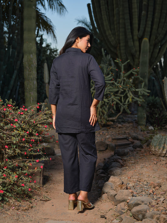 Black & Red Embroidered Cotton-Flex Shirt & Trousers Co-ord Set