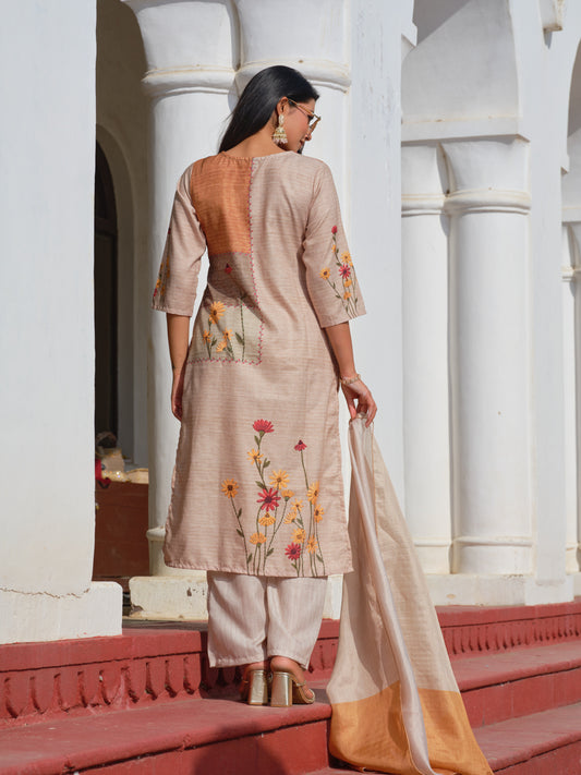 Beige Poly-Linen Embroidered 3-Piece Set