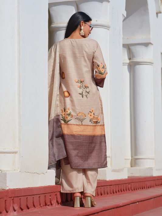 Brown Embroidered Kurta with Peach Trousers & Dupatta