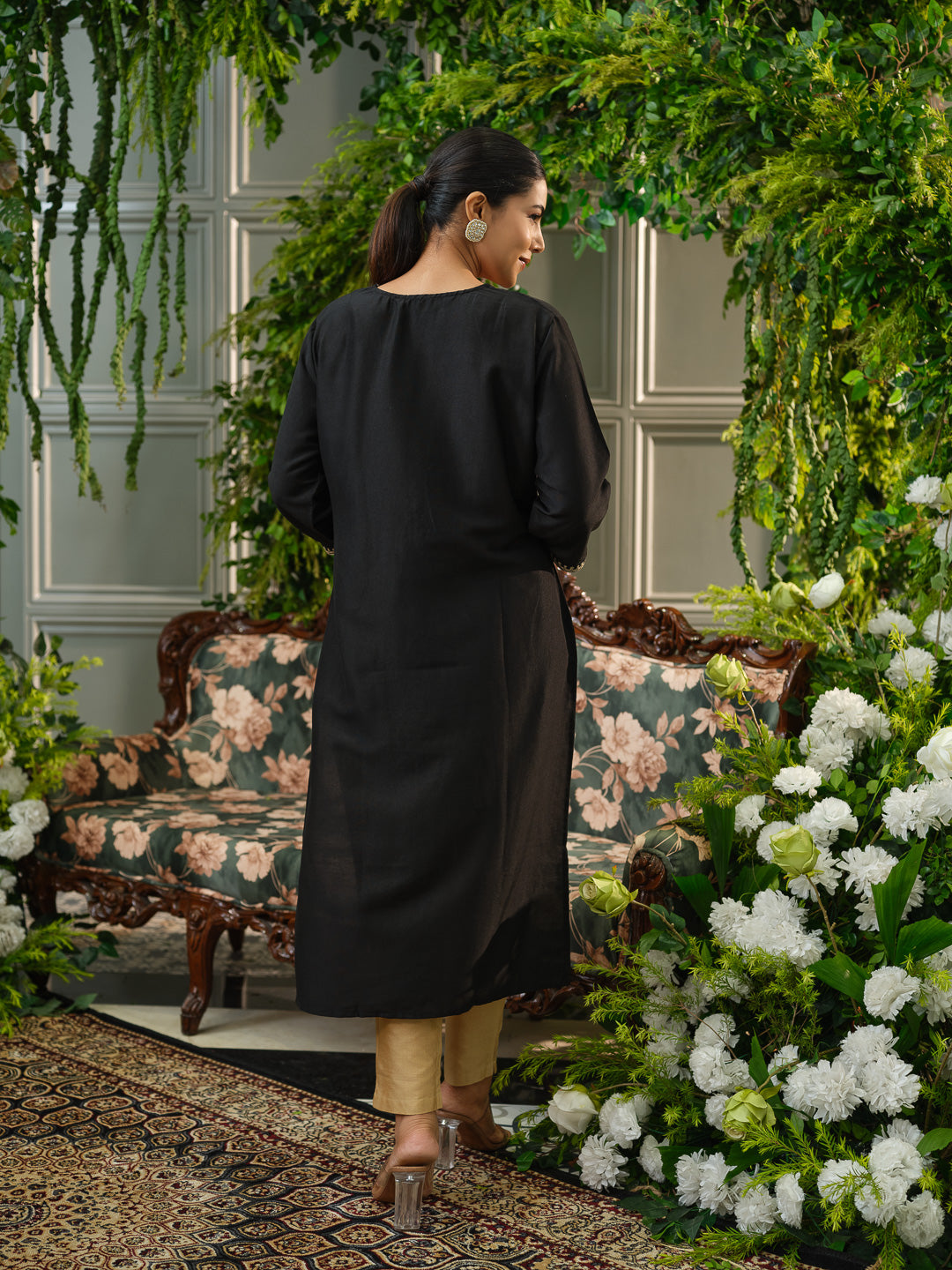 Elegant Black Embroidered Kurta Set with Golden Motifs