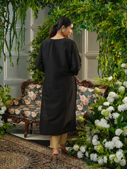Elegant Black Embroidered Kurta Set with Golden Motifs