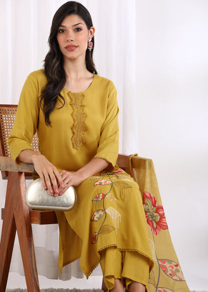 Women Mustard Rayon Embroidered Kurta Set with Printed Muslin Dupatta