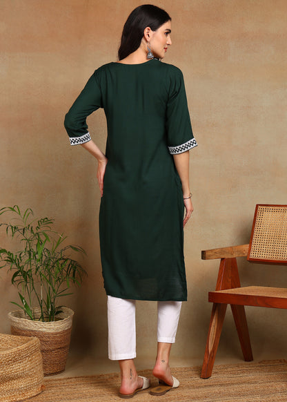 Bottle Green Rayon Slub Kurti with White Embroidered Lace Detailing