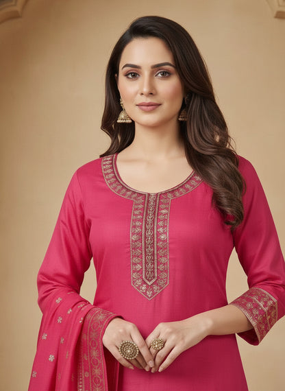 Embroidered Cotton Round Neck Straight Kurta & Trousers With Dupatta