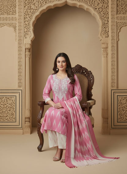 Embroidered Round Neck Straight Kurta & Trousers With Dupatta