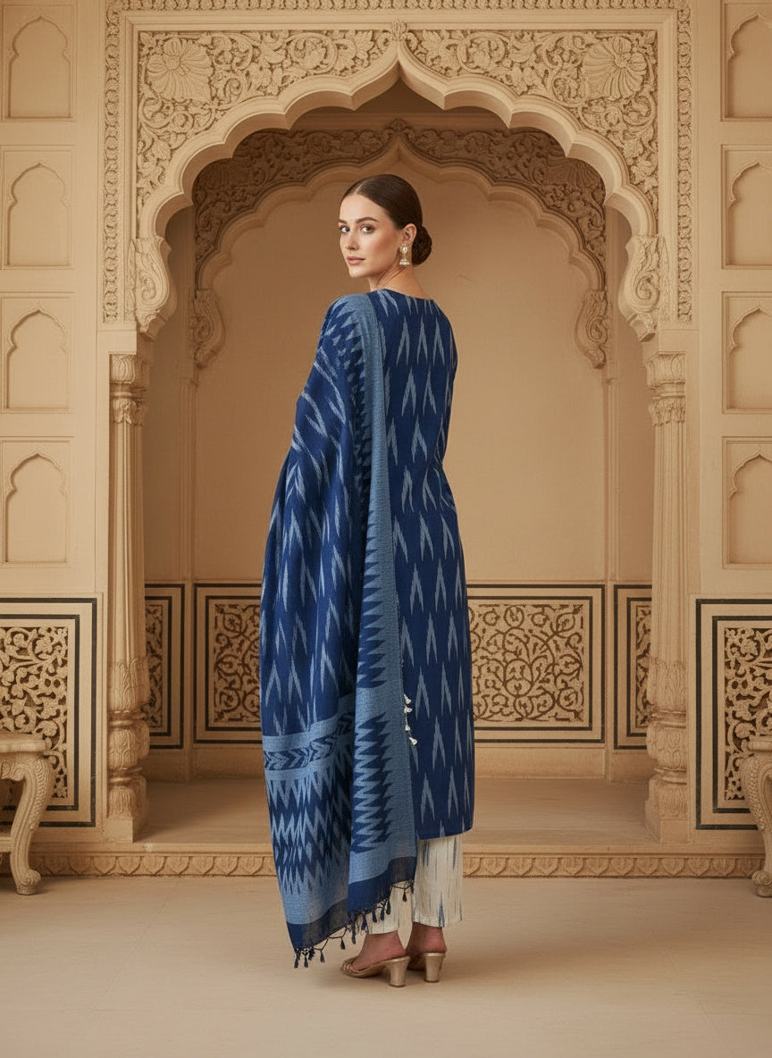 Embroidered Round Neck Straight Kurta & Trousers With Dupatta