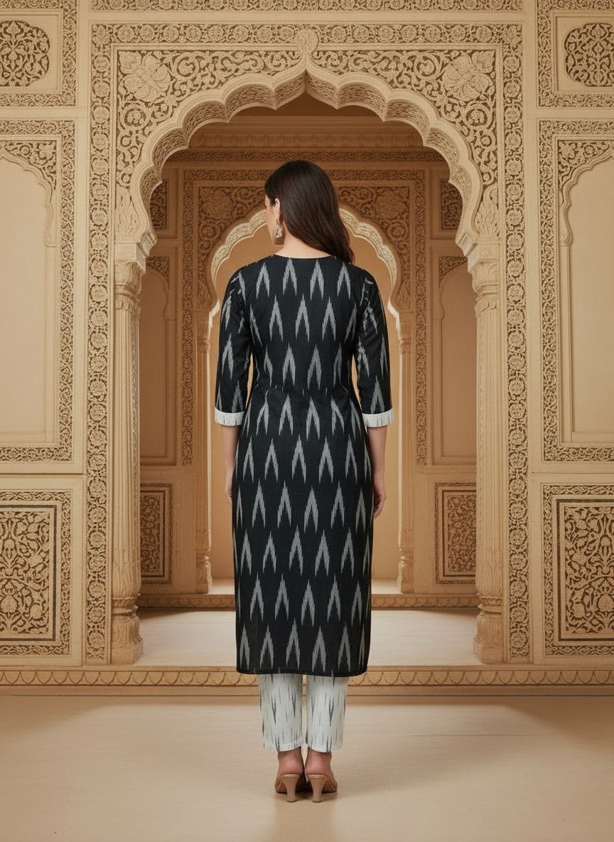 Embroidered Round Neck Straight Kurta & Trousers With Dupatta