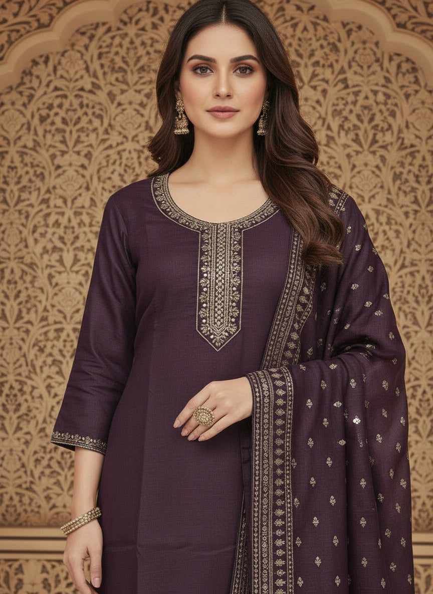 Embroidered Cotton Round Neck Straight Kurta & Trousers With Dupatta