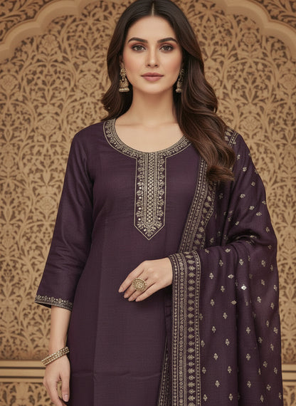 Embroidered Cotton Round Neck Straight Kurta & Trousers With Dupatta