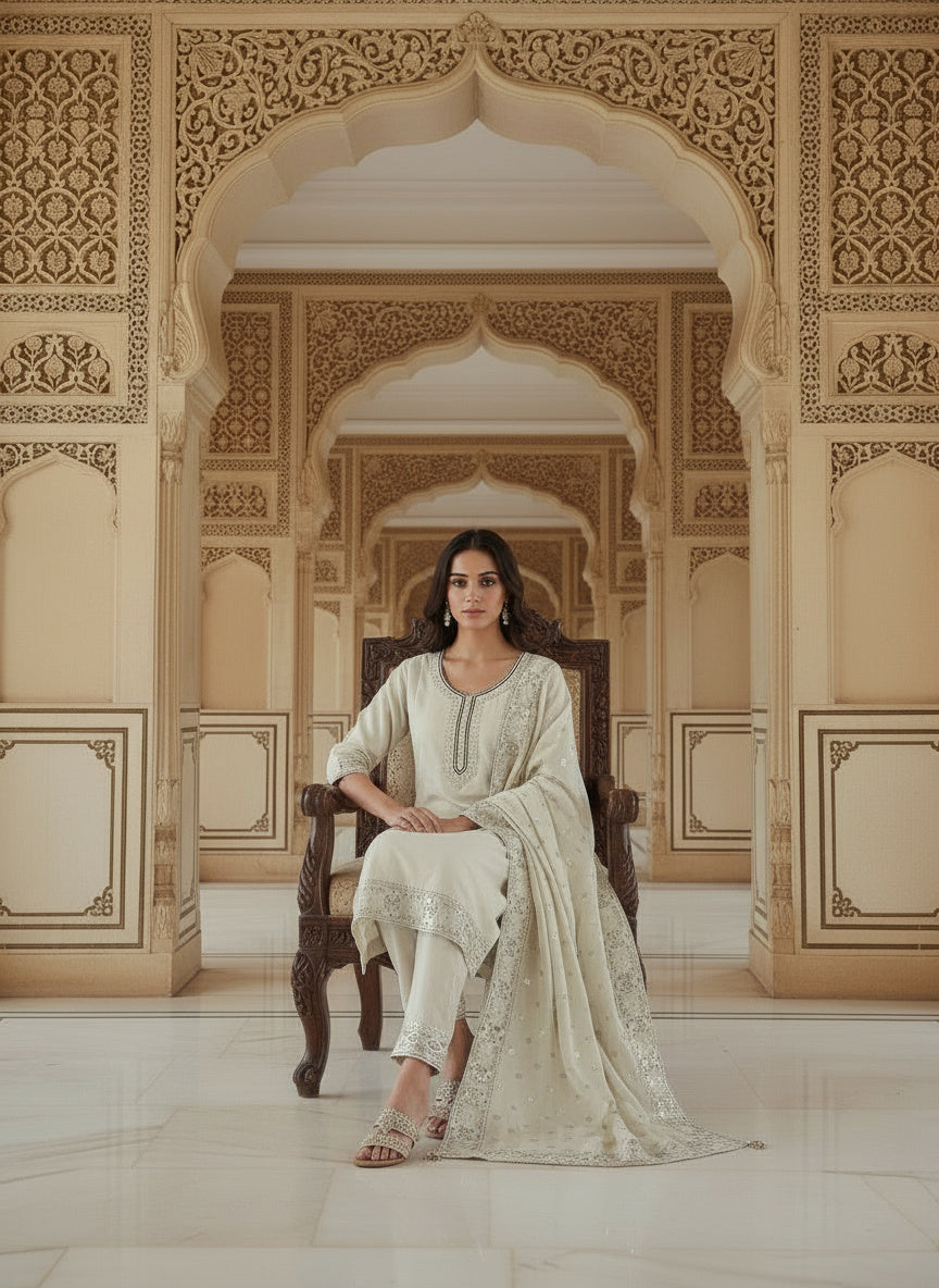 Embroidered Cotton Round Neck Straight Kurta & Trousers With Dupatta