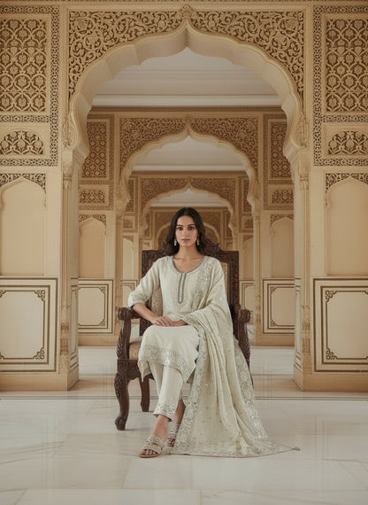 Embroidered Cotton Round Neck Straight Kurta & Trousers With Dupatta