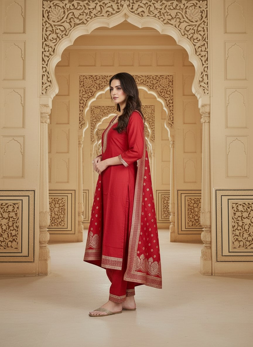 Embroidered Cotton Round Neck Straight Kurta & Trousers With Dupatta
