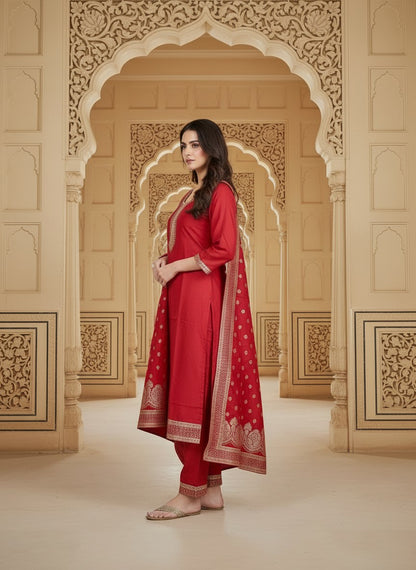 Embroidered Cotton Round Neck Straight Kurta & Trousers With Dupatta