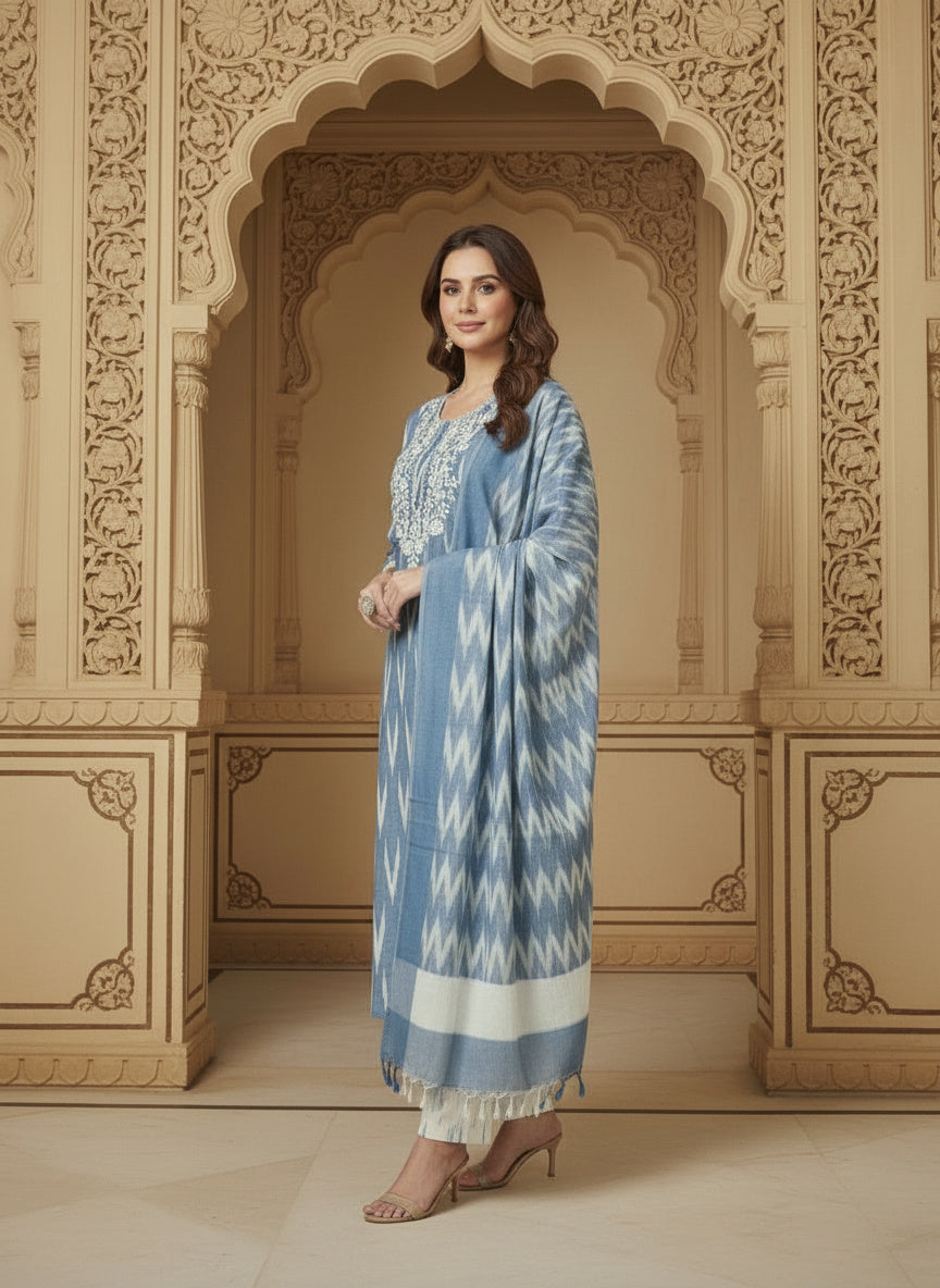 Embroidered Round Neck Straight Kurta & Trousers With Dupatta