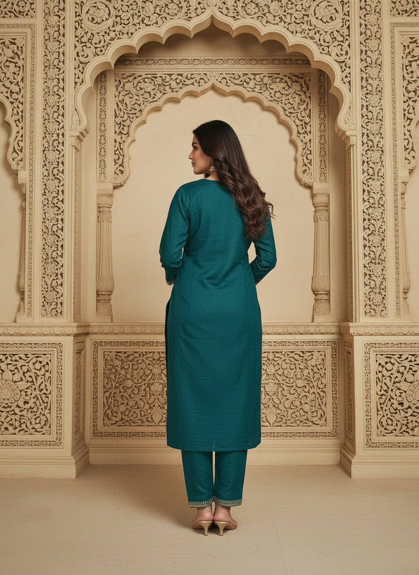 Embroidered Cotton Round Neck Straight Kurta & Trousers With Dupatta