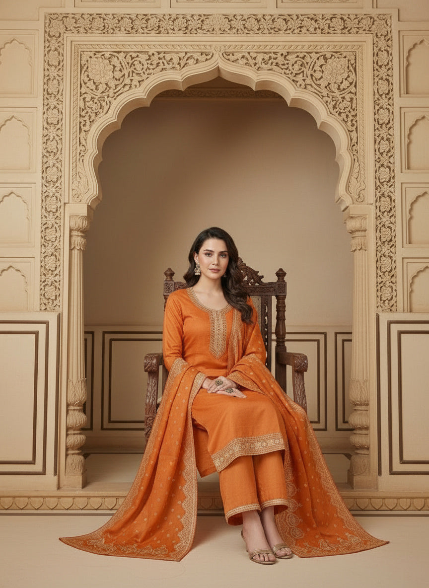 Embroidered Cotton Round Neck Straight Kurta & Trousers With Dupatta