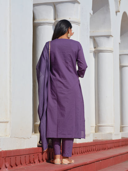 Printed V-Neck Kurta & Trousers With Dupatta