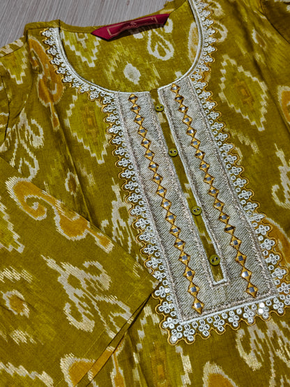 Green Embroidered A-Line Kurta Set with Round Neck, Three-Quarter Sleeves, Solid Trousers and Printed Dupatta for Women