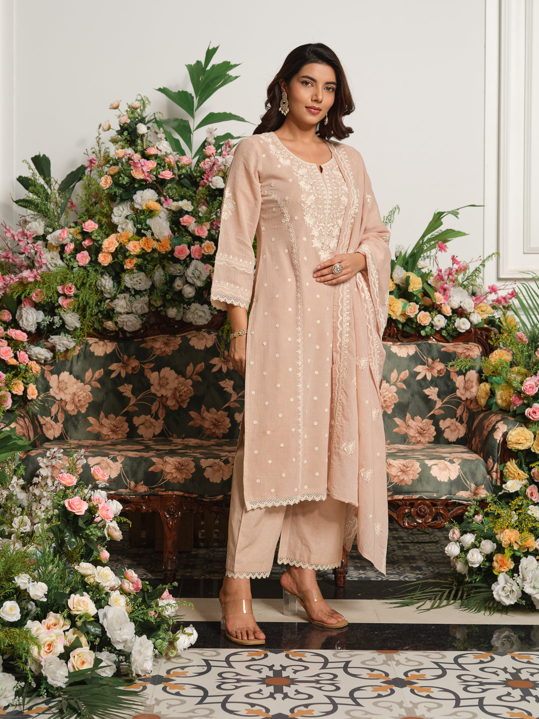 Beige & Pink Embroidered A-Line Kurta Set with Palazzos & Dupatta