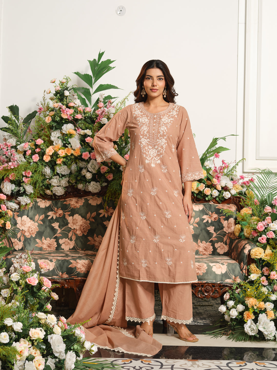 Printed Pure Cotton Kurta Set with Palazzo and Dupatta Straight Fit Long Kurta Calf Length Round Neck Slip On Casual Ethnic Wear