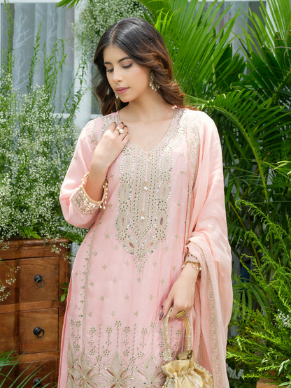 Embroidered Mirror and Cut Work Pakistani Kurta with Trouser and Dupatta Set