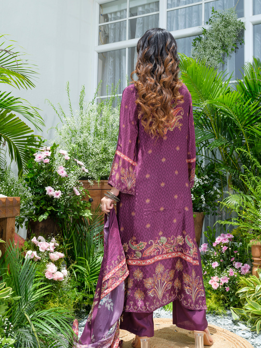 Purple Crepe Embroidered Pakistani Style Kurta Set with Dupatta – Mirror & Shell Work