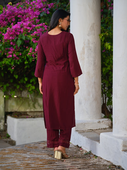 Viscose Embroidered V-Neck Kurta & Trousers Sets