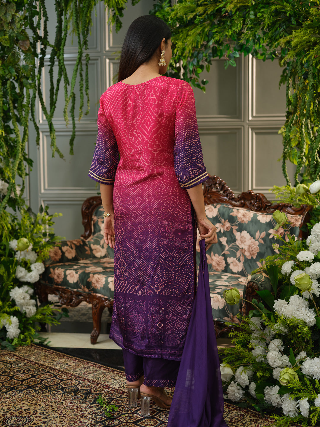 Pink & Violet Crepe Silk Printed Kurta Set with Dupatta