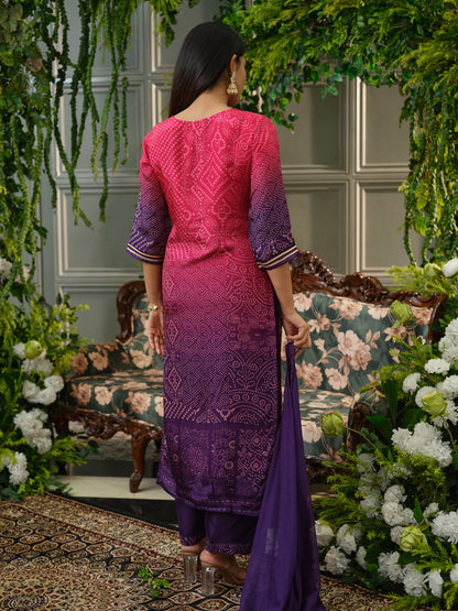 Pink & Violet Crepe Silk Printed Kurta Set with Dupatta