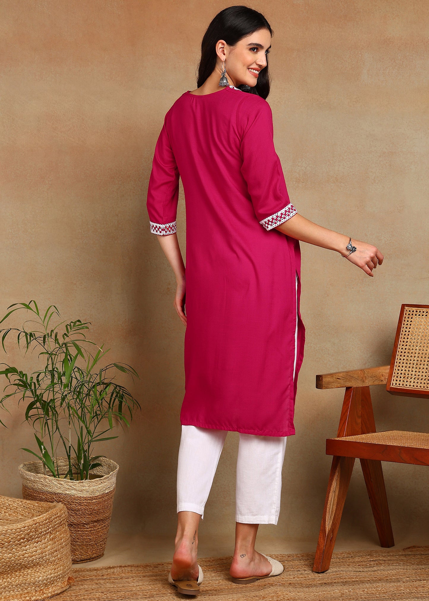 Pink Rayon Slub Kurti with White Embroidered Lace Detailing