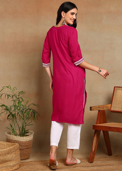 Pink Rayon Slub Kurti with White Embroidered Lace Detailing