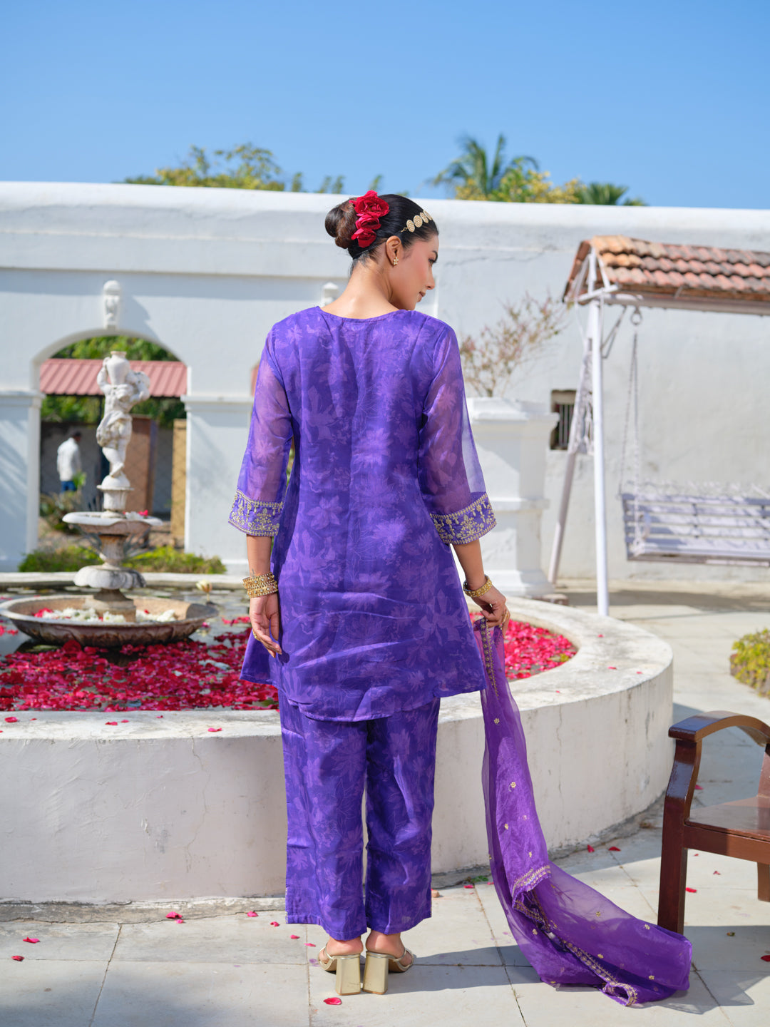 Embroidered V-Neck Kurta & Trousers With Dupatta