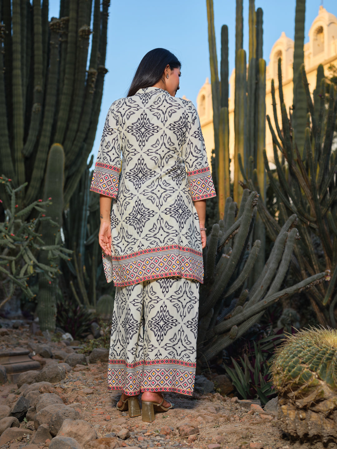 Printed Mandarin Collar Top & Palazzos Co-Ords