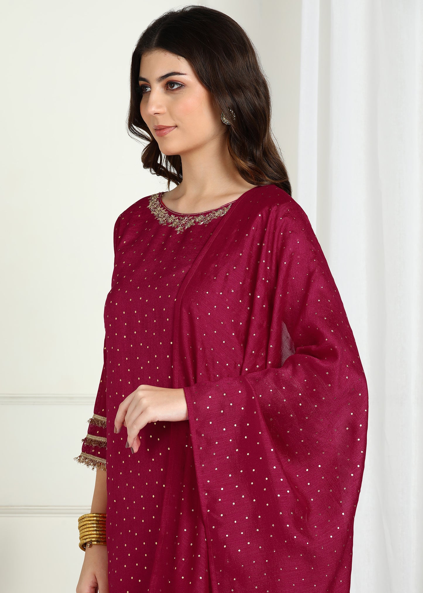 Burgundy Vichitra Foil Print & Embroidered Kurta Set with Lace Detailed Dupatta