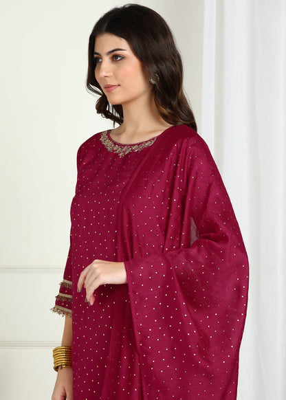 Burgundy Vichitra Foil Print & Embroidered Kurta Set with Lace Detailed Dupatta