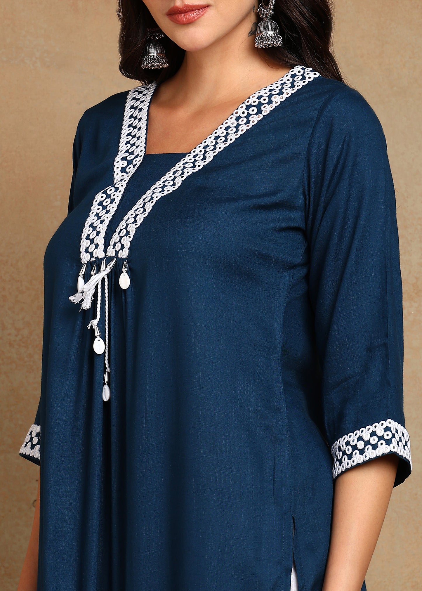Navy-Blue Rayon Slub Kurti with White Embroidered Lace Detailing