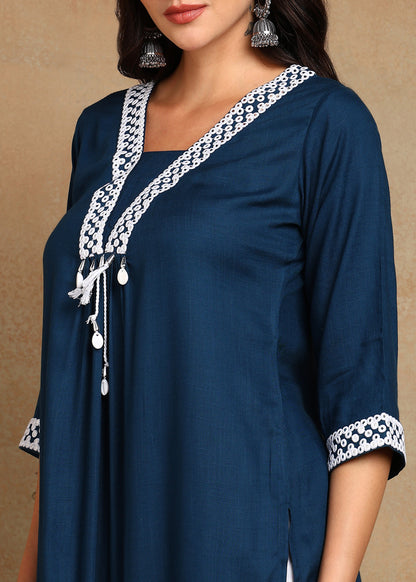 Navy-Blue Rayon Slub Kurti with White Embroidered Lace Detailing