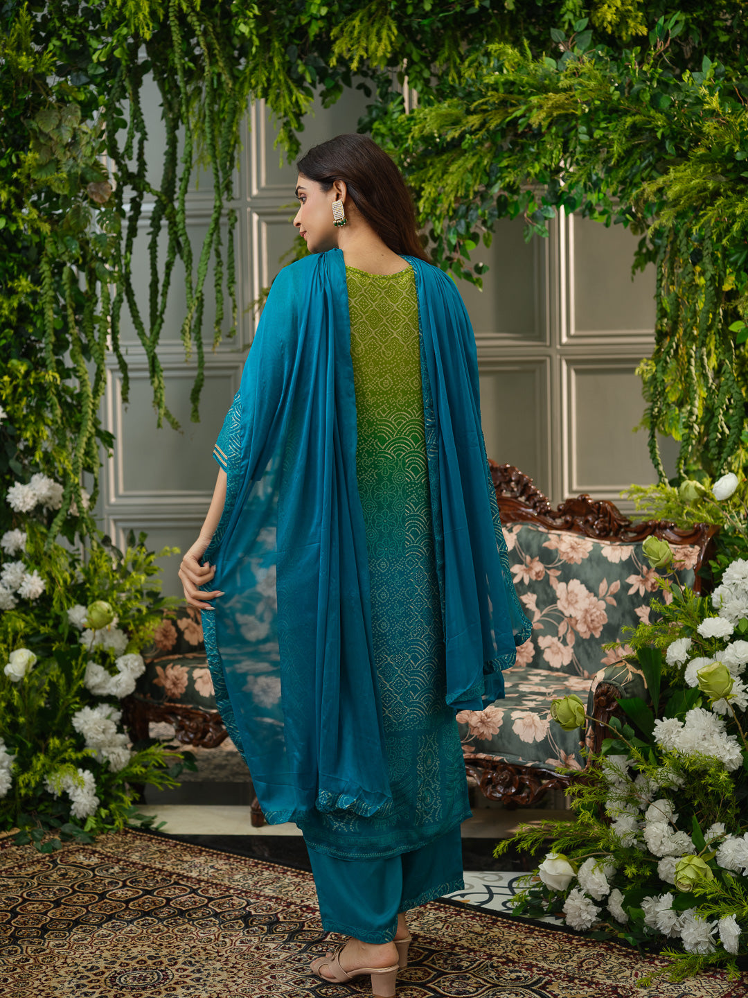 Teal & Green Crepe Silk Printed Kurta Set with Dupatta