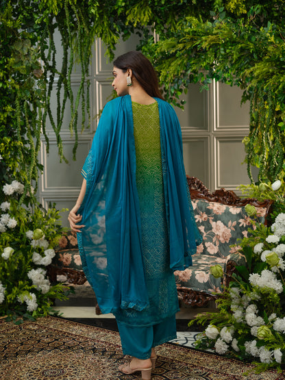 Teal & Green Crepe Silk Printed Kurta Set with Dupatta