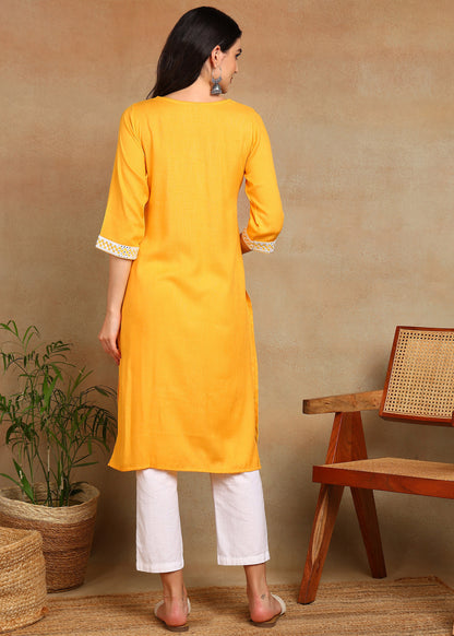 Mustard Rayon Slub Kurti with White Embroidered Lace Detailing