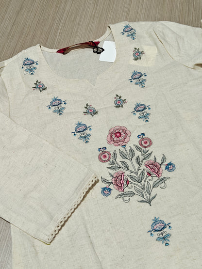 Women’s White and Blue A-Line Embroidered Kurta Set with Matching Trousers & Printed Dupatta