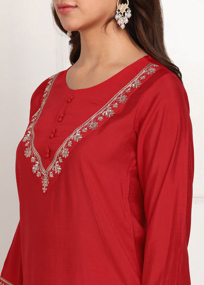 Elegant Red Embroidered Co-ord Set with Bell Sleeves