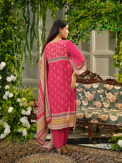 Pink Digital Print Kurta Set with Heavy Handwork & Dupatta