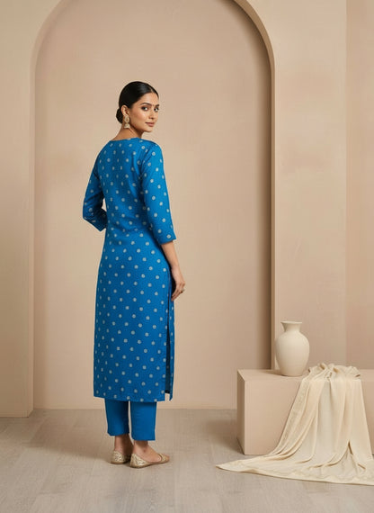 Striped V-Neck Kurta & Trousers With Dupatta