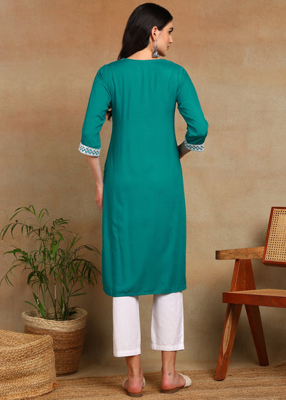 Teal Rayon Slub Kurti with White Embroidered Lace Detailing